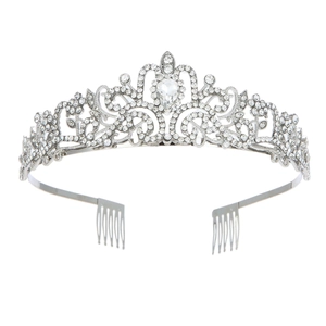 Silver crystal bridal crown with rhinestones and comb for wedding and party hairstyles