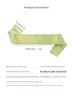 Detail view of 9.5x160cm green satin Birthday Girl party sash with gold foil text