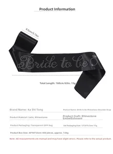 Detail showing 9.5x160cm dimensions of black satin Bride to be sash with rhinestones