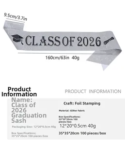 Detailed dimensions of silver glitter Class of 2026 graduation sash with black lettering