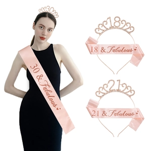 Rose Gold Birthday Tiara And Sash For Women Alloy Rhinestone Number Crown Pink Satin Letter Printed Sash Party Accessories
