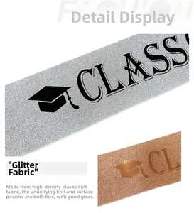 Detail of silver and rose gold Class of 2026 glitter fabric sashes with foil print