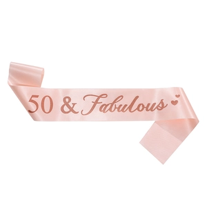 Pink satin 50 & Fabulous birthday sash with elegant rose gold glitter lettering