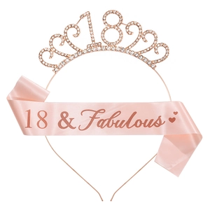 Rose gold 18th birthday set featuring rhinestone tiara and 18 & Fabulous pink satin sash
