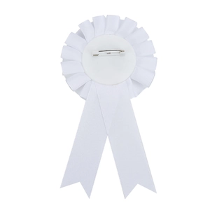 White satin ribbon rosette badge with pleated flower head and twin swallowtail ribbons