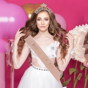 Bride to Be set with rhinestone tiara, rose gold sequin sash and ribbon badge
