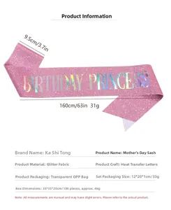 Detail view of pink glitter Birthday Princess sash with holographic lettering, 160x9.5cm