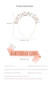 Detail showing rose gold rhinestone birthday headband and pink satin sash dimensions