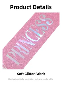 Detail of pink glitter fabric sash with holographic silver Princess lettering for parties