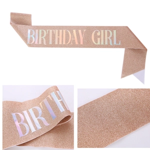 Rose gold glitter fabric sash with holographic Birthday Girl lettering for party