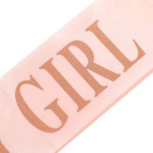 Pink satin birthday sash featuring glittery rose gold Birthday Girl text for parties