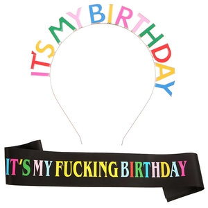 Colorful Its My Birthday headband and black satin sash set for party celebrations