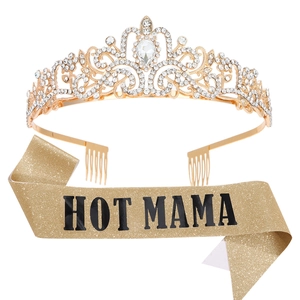 Golden rhinestone crown and Hot Mama sequin sash set for Mother's Day party outfits