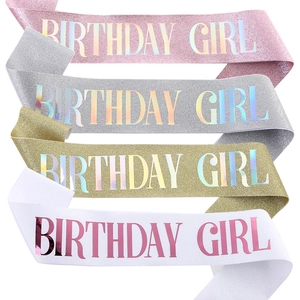 Glitter Birthday Girl sash set in pink, silver, gold, and white with metallic lettering