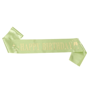 Pistachio green satin birthday sash with gold Happy Birthday text and stars