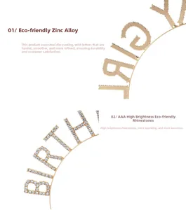 Détail d'un serre-tête doré Birthday Girl avec strass AAA sur fond blanc épuré