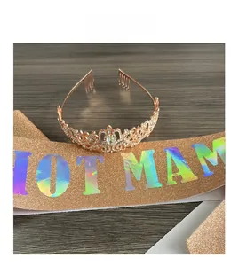 Rose gold crown and Hot Mama sash with glitter and rhinestones for Mother's Day gifts