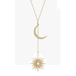 Elegant gold-tone sun and moon pendant Y-necklace with sparkling crystal pave setting