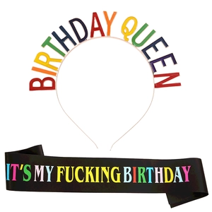Rainbow Birthday Queen headband and black It's My Birthday sash celebration set