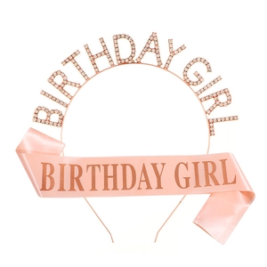 Detail of rose gold BIRTHDAY GIRL headband with rhinestones and pink satin sash