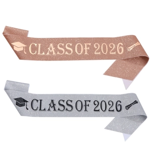 Class of 2026 graduation sash set in rose gold and silver glitter fabric with gold foil