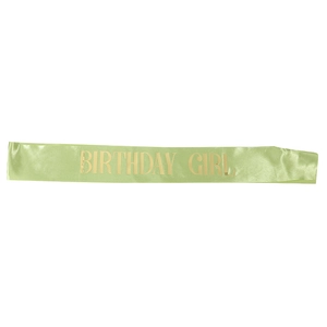 Green satin Birthday Girl sash with gold foil lettering for party celebrations