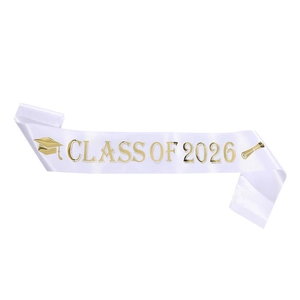 White satin graduation sash with gold Class of 2026 print and academic icons