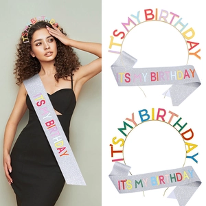 Birthday party set with silver glitter sash and colorful letter crown headband