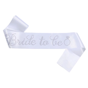 White satin Bride to be sash with silver rhinestones and ring icon for bridal showers