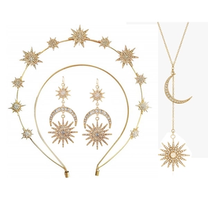 Golden sun and moon celestial jewelry set with sparkling crystals and a sunbeam headband