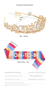 Detail view of MOM TO BE party set with crystal crown and colorful striped satin sash