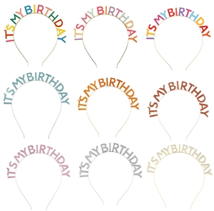 Nine different colorful sequin headbands with It's My Birthday cutout text for party girls