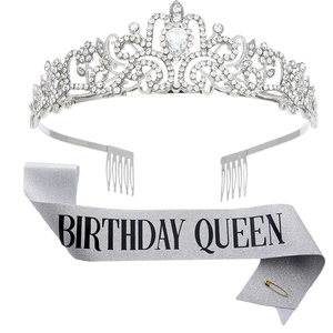 Elegant silver rhinestone tiara and Birthday Queen glitter sash set for party celebration