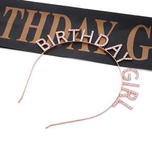 Detail of rose gold BIRTHDAY GIRL headband with rhinestones and black party sash