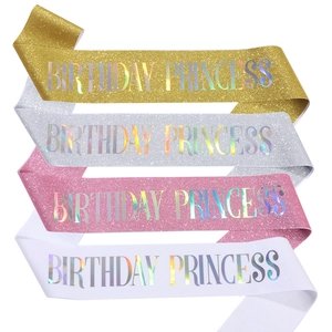 Glitter Birthday Princess sashes in gold, silver, pink, and white with iridescent lettering
