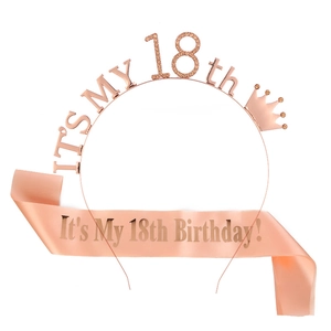 Detail view of rose gold 18th birthday set with metal tiara and satin sash accessory