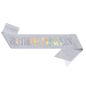 Silver glitter birthday princess sash with holographic iridescent lettering for party