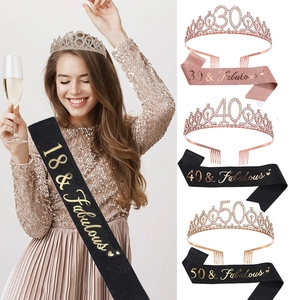 Alloy Rhinestone Birthday Crown Tiara And Glitter Sash Set For Women 18th 21st 30th 40th 50th 60th 70th Party Decorations