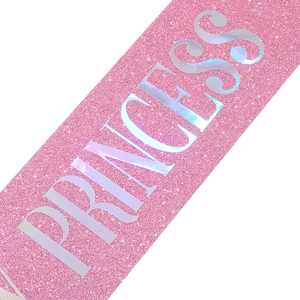Pink glitter Birthday Princess sash with holographic silver lettering for party decoration