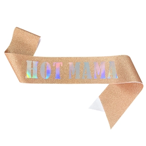 Hot Mama rose gold glitter sash with holographic lettering for Mother's Day party