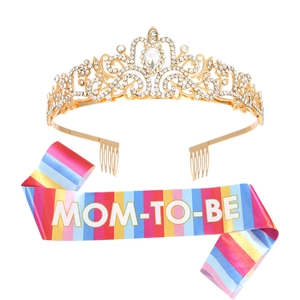 Mom-To-Be party set with crystal crown tiara and rainbow sash for baby shower gift