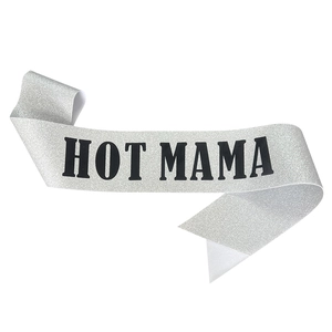 Silver glitter sash with Hot Mama text for Mother's Day and baby shower party celebrations