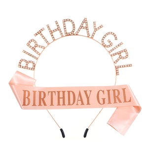 Rose gold Birthday Girl metal headband and pink satin sash set for party decoration