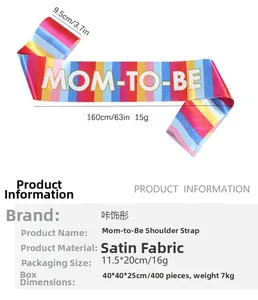 Detailed view of Mom to be rainbow satin sash showing dimensions 9.5cm width and 160cm length