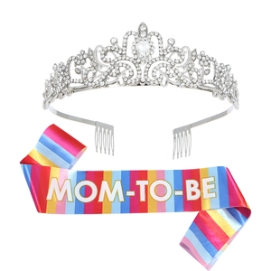 Mom to Be set with crystal tiara crown and rainbow printed satin sash for baby shower