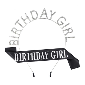 Birthday Girl party set with rhinestone headband and black satin sash decoration