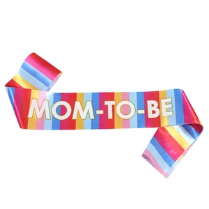Rainbow striped Mom To Be satin sash with gold glitter font for baby shower party