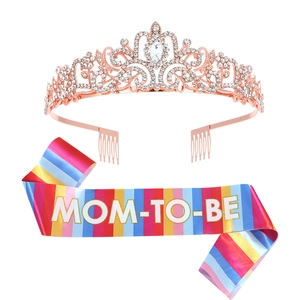 Rose gold Mom-to-Be crown and rainbow sash set with crystals for baby shower party