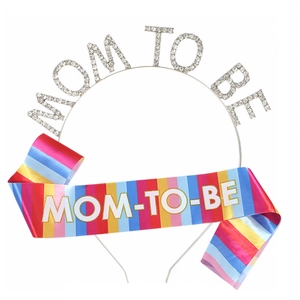 Rainbow Mom To Be sash and rhinestone tiara set for baby shower parties