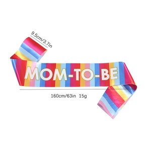 Rainbow satin Mom to Be sash for baby shower parties, 160cm length with gold lettering